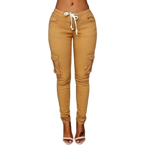 Women Pants Casual Solid Color Skinny Cargo Pants Pockets Drawstring Joggers Capris Trousers Summer Streetwear 2021