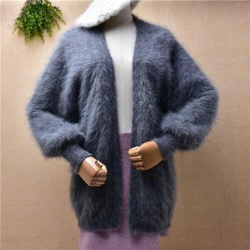 Female women fashion grey mink cashmere knitted long lantern sleeves loose cardigan mantle angora fur winter jacket coat sweater