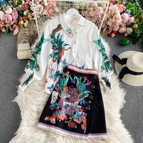 Women Floral Print Irregular Collar Shirt Top + Vintage Mini Skirt New 2021 Spring Autumn Long Sleeve Buttons Party 2 Piece Sets