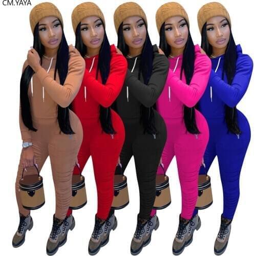 CM.YAYA Solid Women Two Piece Set Hooded Long Sleeve Sweatshirts Stacked Jogger Pants Suit Tracksuit Matching Set Casual Outfit