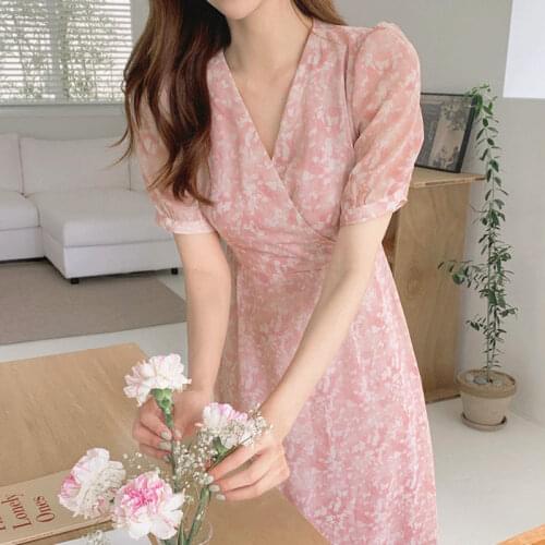Korobov Korean Chic Summer Women Chiffon Dress Vintage Sweet V Neck Puff Sleeve Dresses 2021 New OL Elegant Vestidos