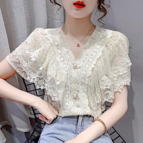 #8221 Beige White Chiffon Lace Shirt Women V Neck Sexy Tops Femme Transparent Shirt Ladies Short Sleeves Womens Tops And Blouses