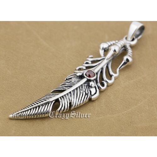925 Sterling Silver Claw Feather Red CZ Stone Biker Pendant 9S025