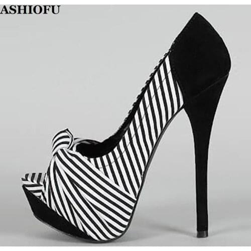 ASHIOFU Handmade Ladies High Heel Pumps Butter-knot Peep-toe Striped Party Dress Shoes Evening Slip-on Fashion Court Shoes
