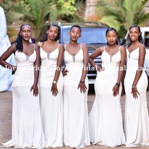 White Plunging Sheath Bridesmaid Dresses African Women Spaghetti Strap Wedding Guest Dress V-Neck Summer Party Gowns