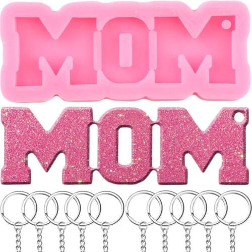 Shiny Glossy MOM Letters Keychain Mold Epoxy Resin Silicone Mould With 10 Pcs Key Ring DIY Craft Necklace Charms Making Jewelry