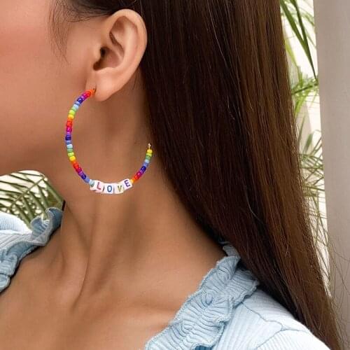 Bohemian Panelled Colorful Acrylic Beads Letters Love Hoop Earrings Women Ethnic Geometric Earrings Fashion Ear Jewelry Gift