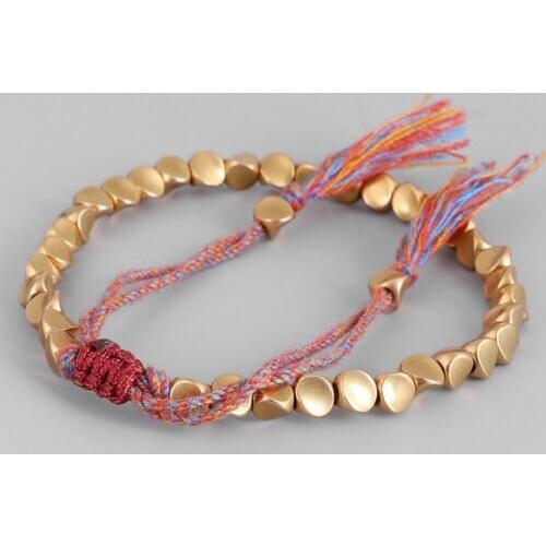 Handmade Tibetan Copper Bead Bracelet Buddhist Braided Cotton Luck Rope Bracelet for Protection Good Luck Success Amulet