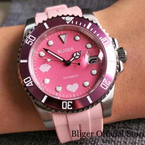 BLIGER New Pig Pattern Pink Automatic Men Watch 24 Jewels NH35A Movement Curved End Rubber Band Date Cyclop Screwdown Crown
