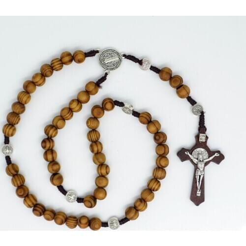 Saint Benedict Pine wood Rosary Beads JESUS Cross Pendant Catholic Fashion Religious jewelry