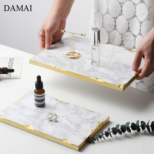Gold Inlay Natural Marble Trays Decorative Jewelry Necklace Storage Tray Cosmetic Perfume Display Plates Bathroom Decoration