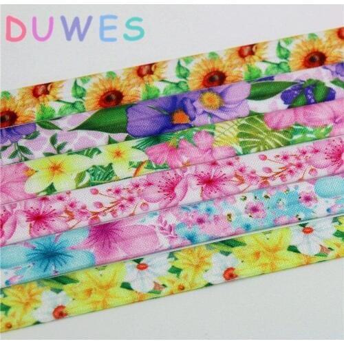 DUWES 5/8'' Free shipping flowers sunflower cherry printed Fold Elastic FOE headband headwear hairband DIY decoration OEM D732