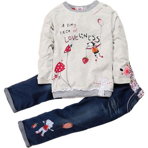Fashion Spring Autumn Kids Girls Clothing Sets Cotton O-Neck Tops + Jeans 2 PCS Long Sleeve Floral Denim Suits 2 To 6 Years Old