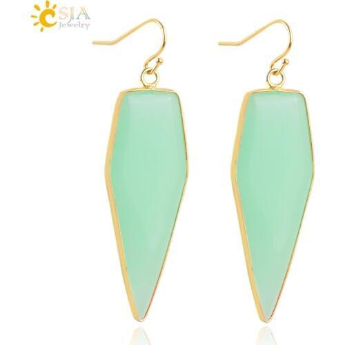 CSJA Ethnic Geometric Plated Gold Jewellery for Female Long Earrings Hook Dangle Natural Spectrolite Stone Pendant Earring E248