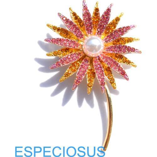 Delicate Jewelry Gold Color Painted Sunflower Rhinestone Brooch Ornaments Red Color Pearl Breast pin Accessory Overcoat Garments