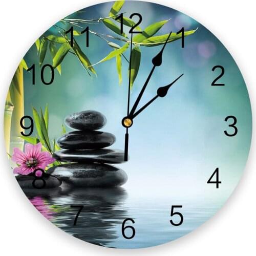 Stones Water Bamboo Flower Beautiful Silent Decorative Wall Clock Digital Clock Operated Round Home Office School Clocks