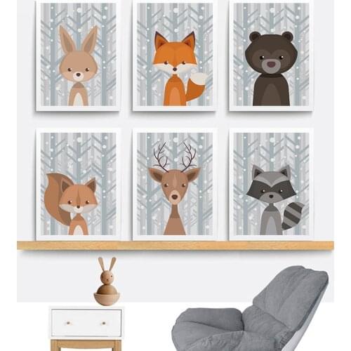 Baby Animals Rabbit Bear Fox Deer Canvas Print Painting Poster Nursery Wall Art Picture Child Kids Bedroom Baby Room Decoration