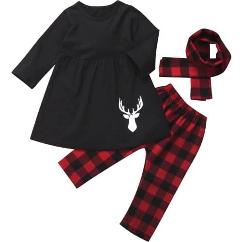 3PCS Toddler Kid Baby Girls Xmas Outfits Clothes Long Sleeve Dress Tops+Plaid Pants+Scarf for 1-6Y