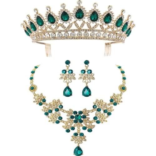 Crystal Green Red Wedding Bridal Jewelry Sets Tiaras Crown Bride Women Pageant Prom Jewelry Set Earrings Necklace Hair Ornaments