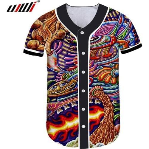 UJWI New Baseball Shirt Men Fashion Slim Fit Animal 3D Print Colorful Dragon Casual Big Size Clothing Unisex Button T-shirt