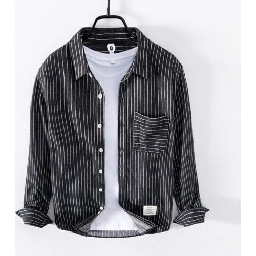 Mens Long Sleeve Striped Shirt Autumn New Casual Japanese Fshion Tops Male Cotton Turn-down Collar Black Stripe Vintage Clothing