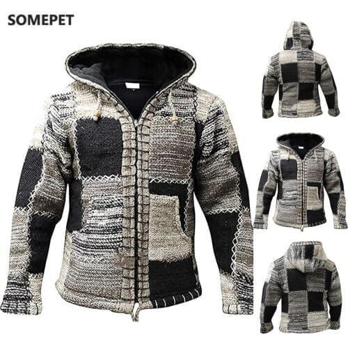 Mens Sweater Coat 2020 Spring Autumn Mens Hooded Stripe Coat Thick Zipper Wool Sweater Cardigan Jumpers Male