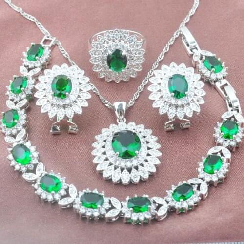 Mystic Crystal Jewelry Set For Women Wedding Costume Green Cubic Zirconia Earrings Rings Bracelet Necklace YZ0449