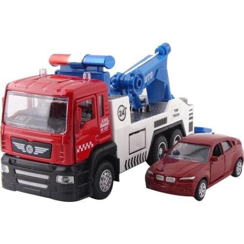 Alloy Tow Truck Set (1 Truck Plus 1 Smaller Car) Die-Cast Car Head Car Lights & Sound Function Toy,Red+White