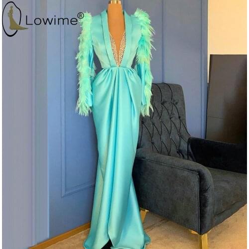 Sky Blue Long Sleeve Mermaid Evening Dresses Feathers Sexy Deep V Neck Evening Gowns Long Formal Dress