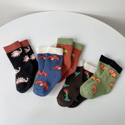 9287 Children Socks 5 Pairs Each Set Dinosaur Socks Autumn Winter 2021 Pure Cotton Boys And Girls Korean Cartoon Socks