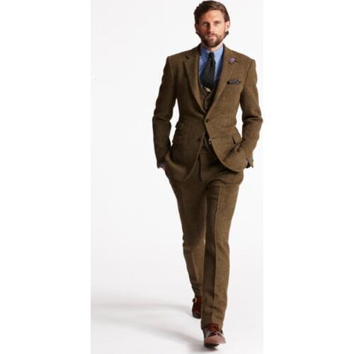 Newest Ticket Pocket Groomsmen Notch Lapel Groom Tuxedos Brown Men Suits Wedding Best Man Blazer ( Jacket+Pants+Tie+Vest ) C114