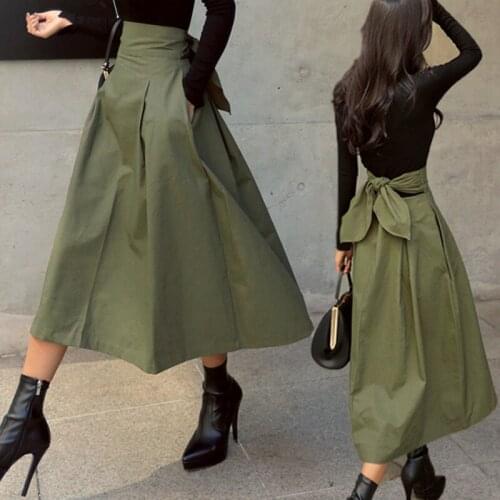 2020 New Women Fashion Bow Slim Skirts Army Green High Waist Solid Big Swing Long Skirt