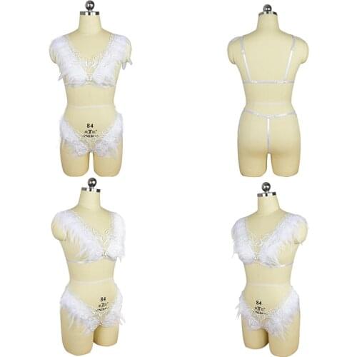 New Womens White Elastic Feather Body Harness Bra Set Erotic Bondage Underwear lingerie And Garter Bondage Fetish Harness