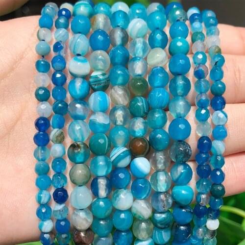 Wholesale Faceted Blue Striated Agates Onyx Round Loose Beads For Jewelry Making Necklace Bracelet 15" Pick Size 4/6/8/10/12mm