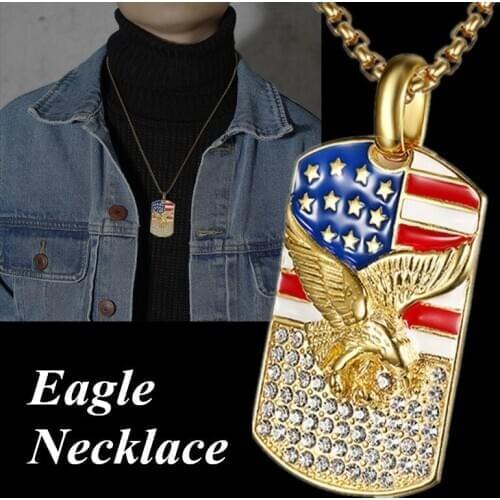 Hip Hop American Flag Eagle Pendant Necklace Stainless Steel Chain Military Soldier Necklace Men Punk Gold Necklace