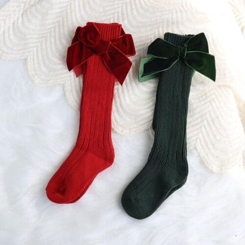 Ins Spanish Style Big Bow Wool Socks For Baby Girls Solid Color Red Green New Year Christmas Accessories Middle Tube Foot Wear
