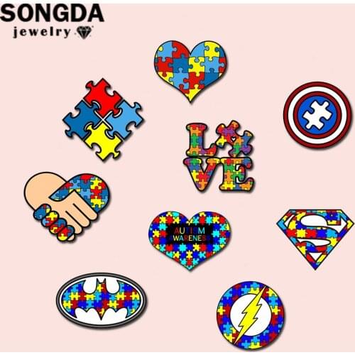 SONGDA Autism Awareness Acrylic Lapel Pin Heart Love Hand Puzzle Cartoon Art Epoxy Resin Brooch Pin Jackets Backpack Accessories
