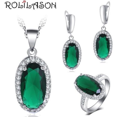 ROLILASON Mysterious zircon for women Created Green zircon special designs Silver Earrings Necklace Rings Jewelry Sets JS762