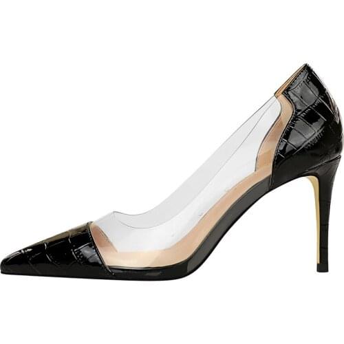 European and American style high heel shoes shallow mouth pointed metal transparent hollow splicing sexy nightclub womens shoes