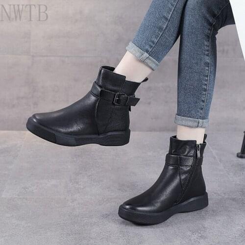 Martin Boots Womens Autumn Winter 2021 New Flat Leather Short Boots British Style Top Layer Leather Thin Shoes Warm Boots Trend