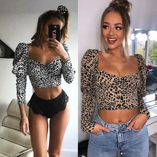 UK 2019 Sexy Women Shirts Square Collar Neck Leopard Tops Long Sleeve Casual Crop Tops Shirt Blouse Femme