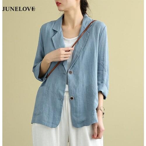 JuneLove Spring Summer Arts Style Women Long Sleeve Cotton Linen Blazer Mujer Loose Tops All-matched Casual Vintage Blazers Coat