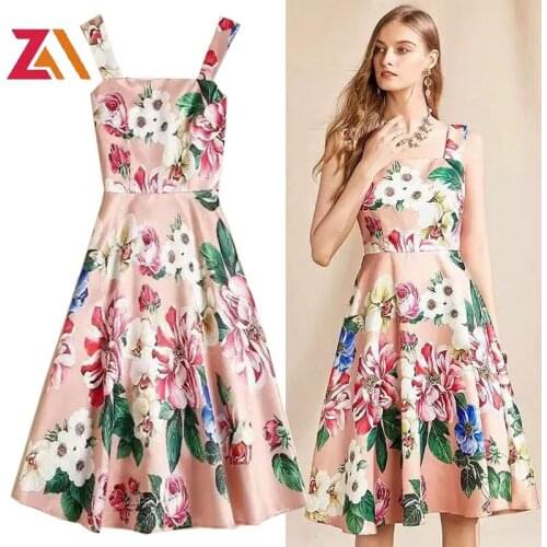 Sweet Pink Elegant Knee Length Dresses For Women flower Printed Sexy Backless Party Evening Summer Spaghetti Strap Sundress Robe