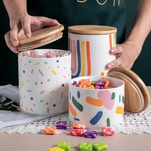 1750ml Ceramic Rainbow Sealed Can Modern Kitchen Grain Multigrain Candy Can with Wooden Cover Household Large Storage Snack Jar