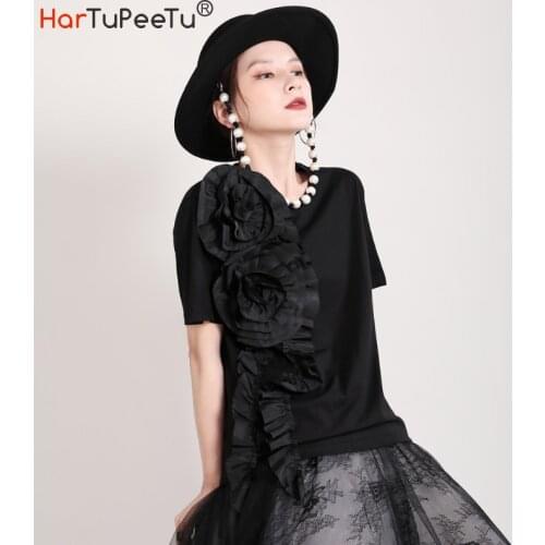 2021 Black White T Shirt Women Summer New Appliques Decorate Loose Oversize Tees Short Sleeve Cotton Blend Pullover Top