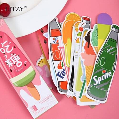 LITZY 30pc Kawaii Drink Irregular Bookmarks Cute Cat Book Markers for Kids Student School Office Stationery Supply Student Gifts
