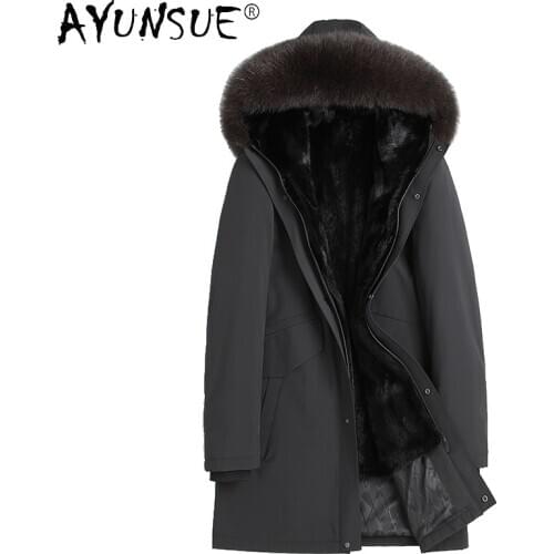 AYUNSUE Genuine Shearling Winter Jacket Men Clothing Hooded Parka Real Mink Fur Coat 100% Rabbit Fur Sleeves Jackets Ropa LXR809