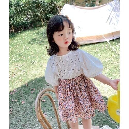 Blotona Toddler Girls Spring Summer Suit, Baby Middle Sleeve Blouse Short Skirt , Lace Top Flower Printing Dress 2Pcs Set 3-8Y
