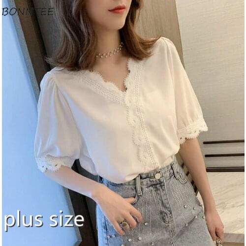 Blouses Women Summer Pure Color V-neck All-match Korean Style Feminine Lace Design Casual Students Mujer De Moda Oversize 3XL