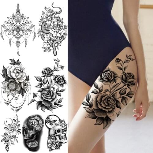 Black Large Rose FLower Temporary Tattoos For Women Adults Henna Skull Compass Snake Flower Fake Tattoo Sticker Leg Tatoos Thigh